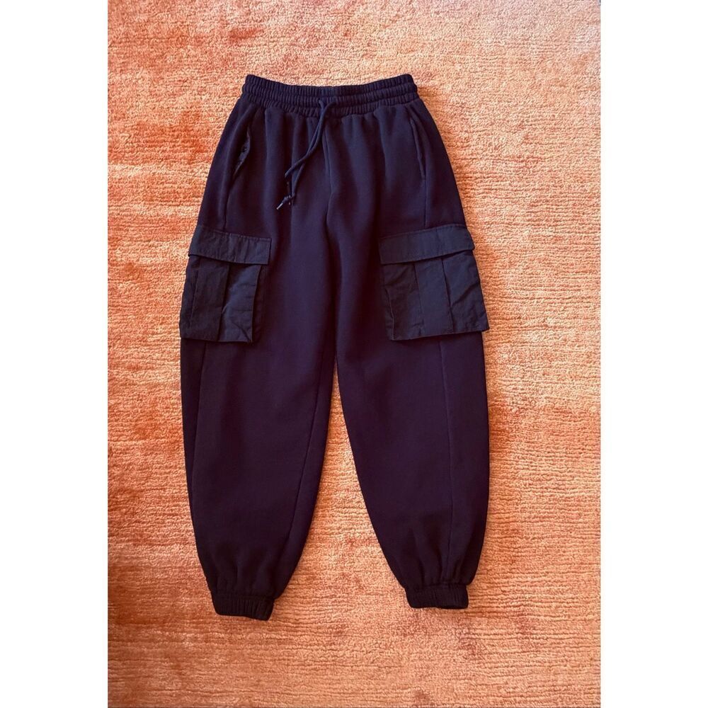 Women Black Cargo Jogger Pants Mixed Media Fleece Nylon Pockets Size M
